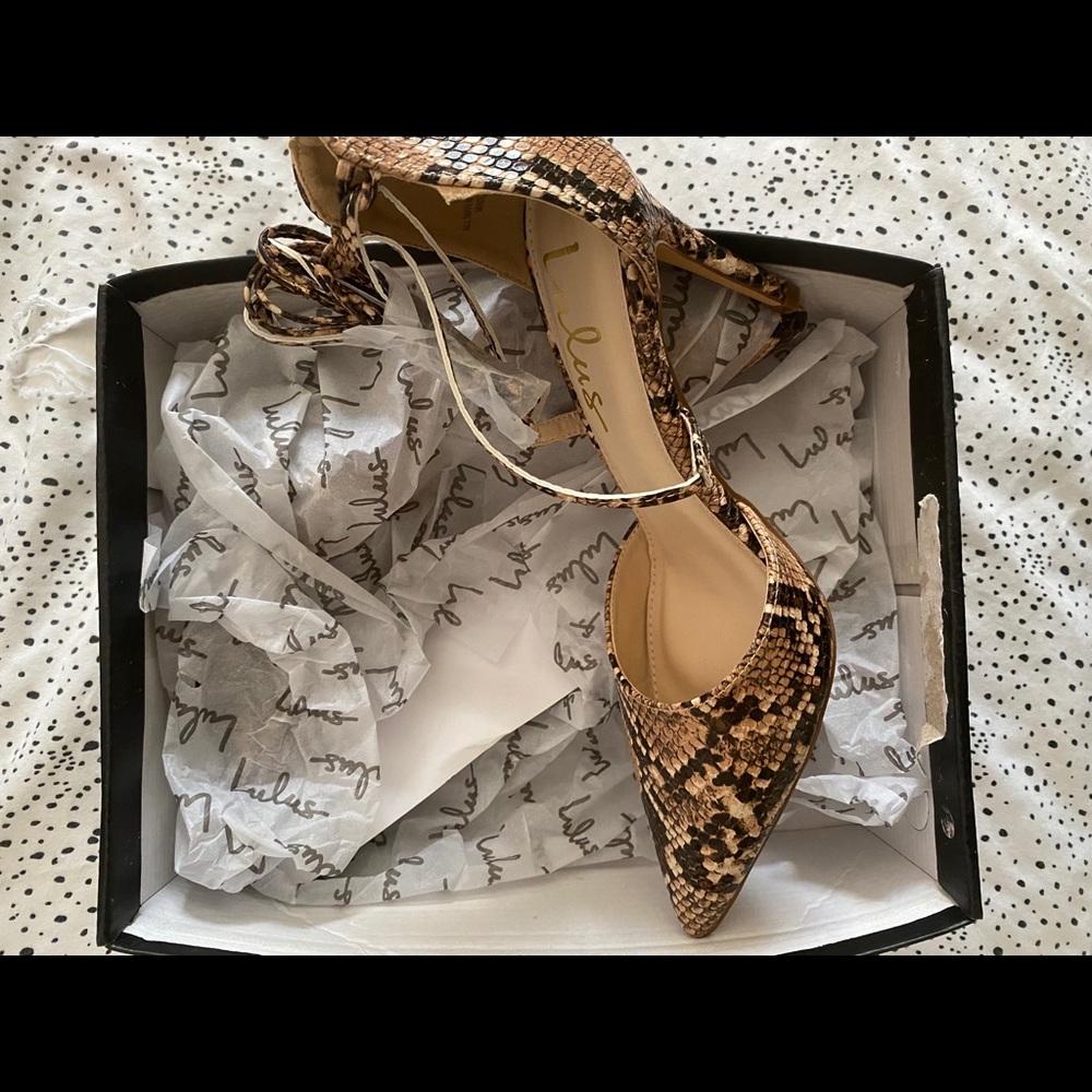 Snake print pointed toe heels with lace up detail